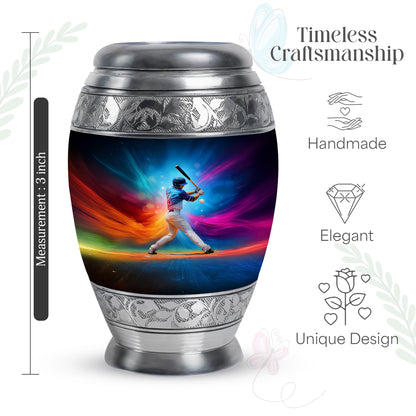 Twilight Blue Baseball Cremation Urn lifestyle display on memorial shelf - royal baseball engraving with decorative scrollwork - mini keepsake memorial for portion of cremation ashes