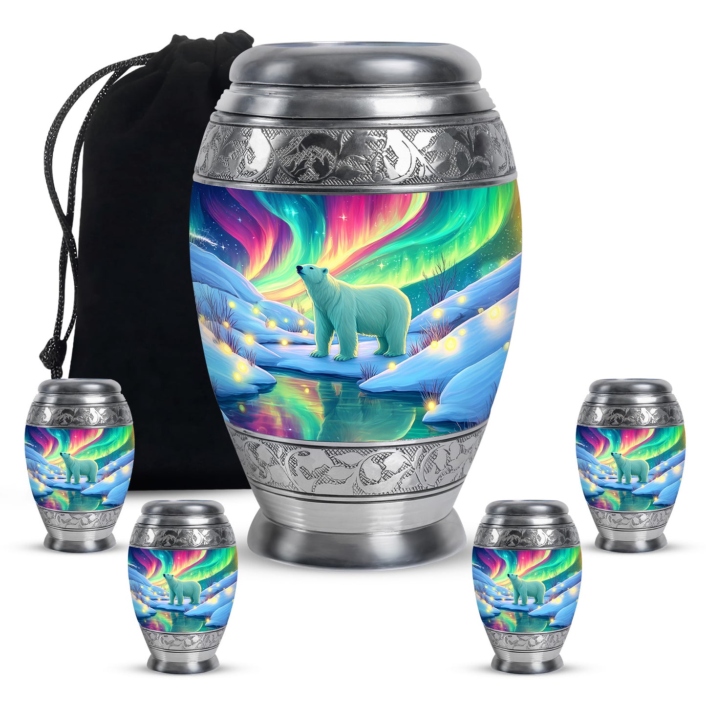 Jewel Teal Bear Cremation Urn detail view - ornate monarch-style bear relief on brushed aluminum - memorial set with one large and four small urns