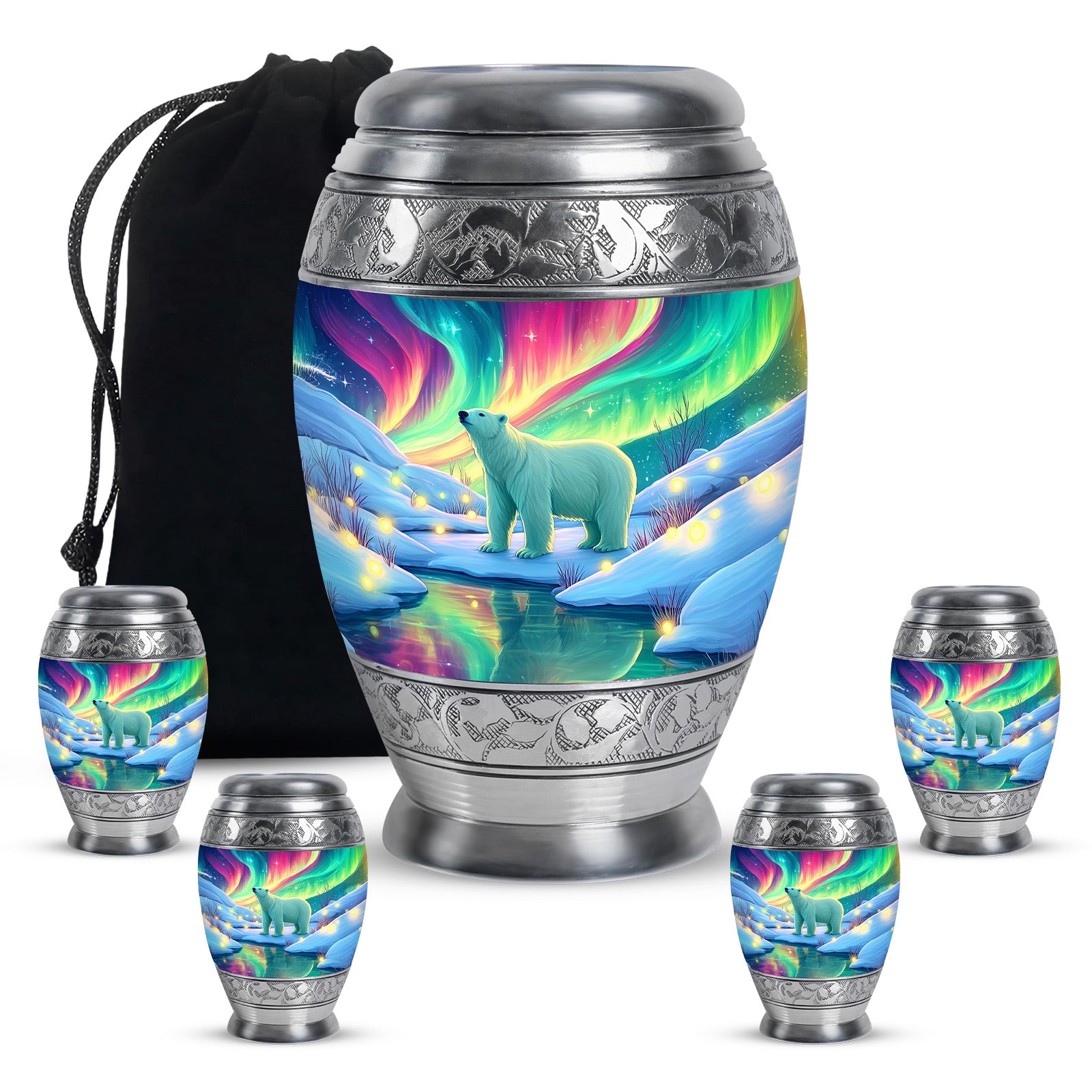 Jewel Teal Bear Cremation Urn detail view - ornate monarch-style bear relief on brushed aluminum - memorial set with one large and four small urns