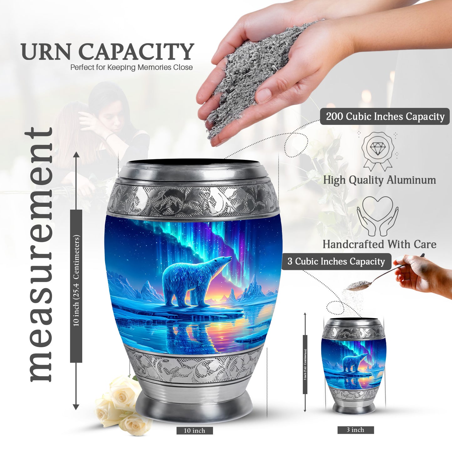 Cobalt Blue Bear Cremation Urn lifestyle display on memorial shelf - royal bear engraving with decorative scrollwork - mini keepsake memorial for portion of cremation ashes