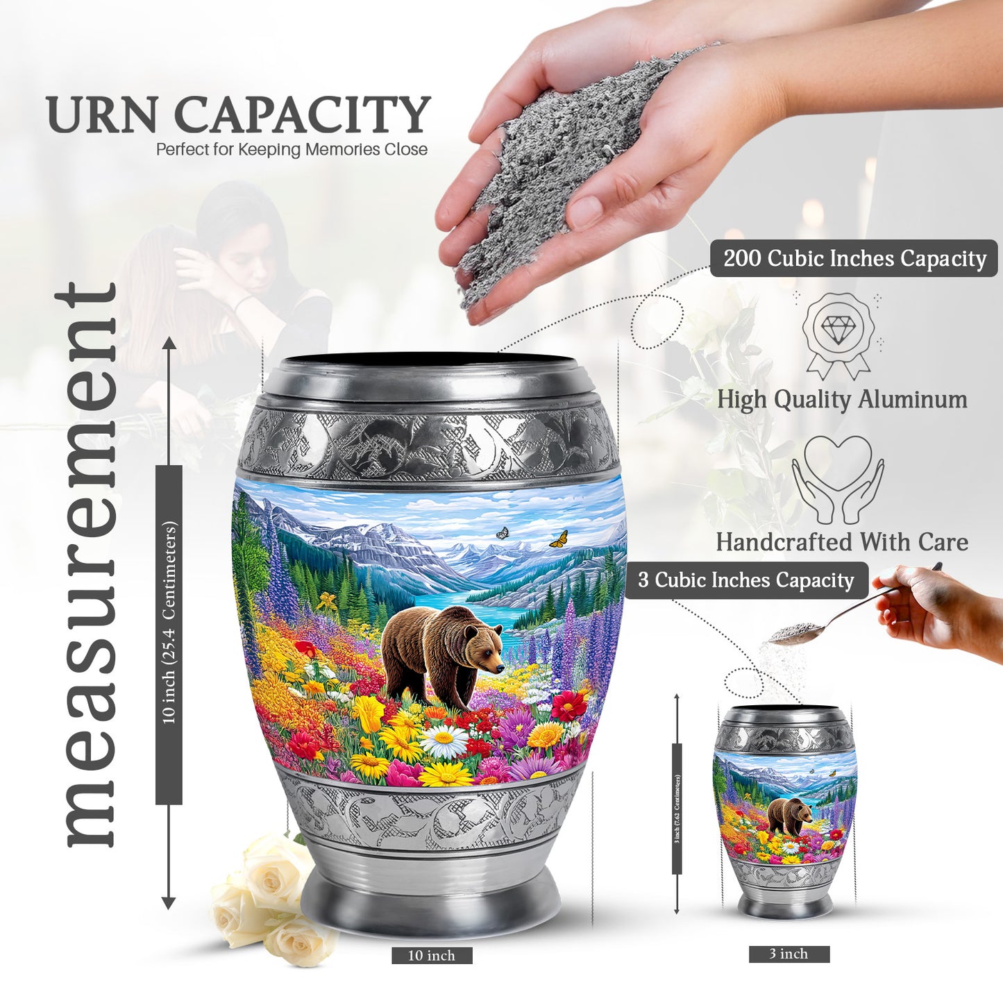 Steel Blue Bear Cremation Urn lifestyle display on memorial shelf - majestic bear pattern with filigree border - mini keepsake memorial for portion of cremation ashes