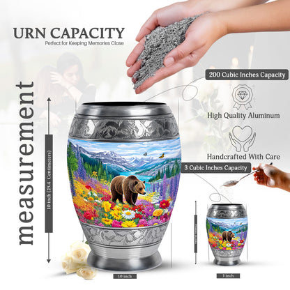 Steel Blue Bear Cremation Urn lifestyle display on memorial shelf - majestic bear pattern with filigree border - mini keepsake memorial for portion of cremation ashes
