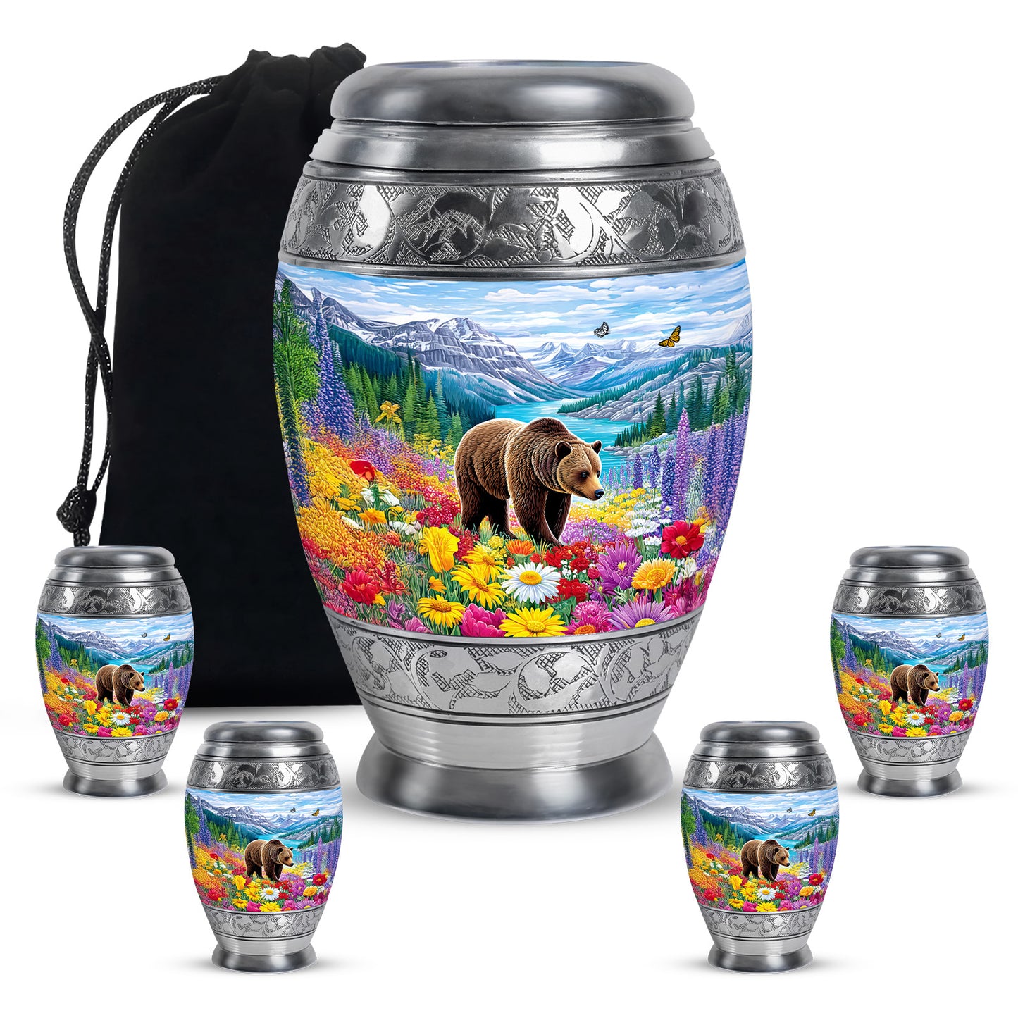 Royal Blue Bear Cremation Urn detail view - royal bear engraving with decorative scrollwork - memorial set with one large and four small urns
