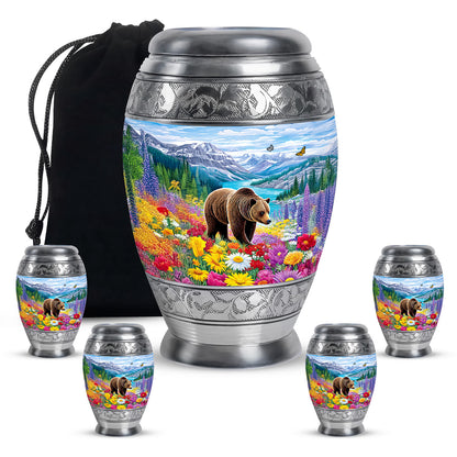 Royal Blue Bear Cremation Urn detail view - royal bear engraving with decorative scrollwork - memorial set with one large and four small urns