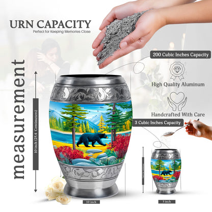 Indigo Bear Cremation Urn lifestyle display on memorial shelf - ornate monarch-style bear relief on brushed aluminum - mini keepsake memorial for portion of cremation ashes