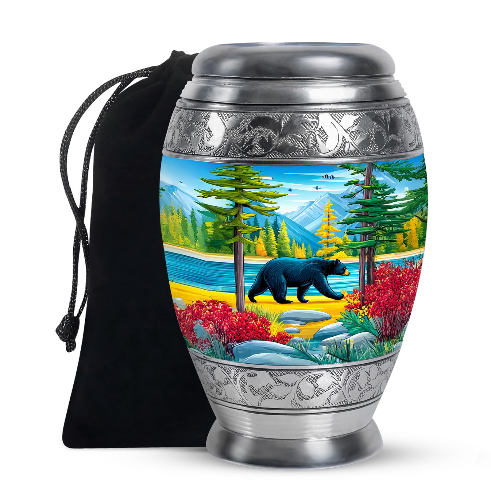 Cornflower Blue Bear Cremation Urn back view with polished surface - majestic bear pattern with filigree border - full-size 10 inch 200 cubic inch adult cremation urn