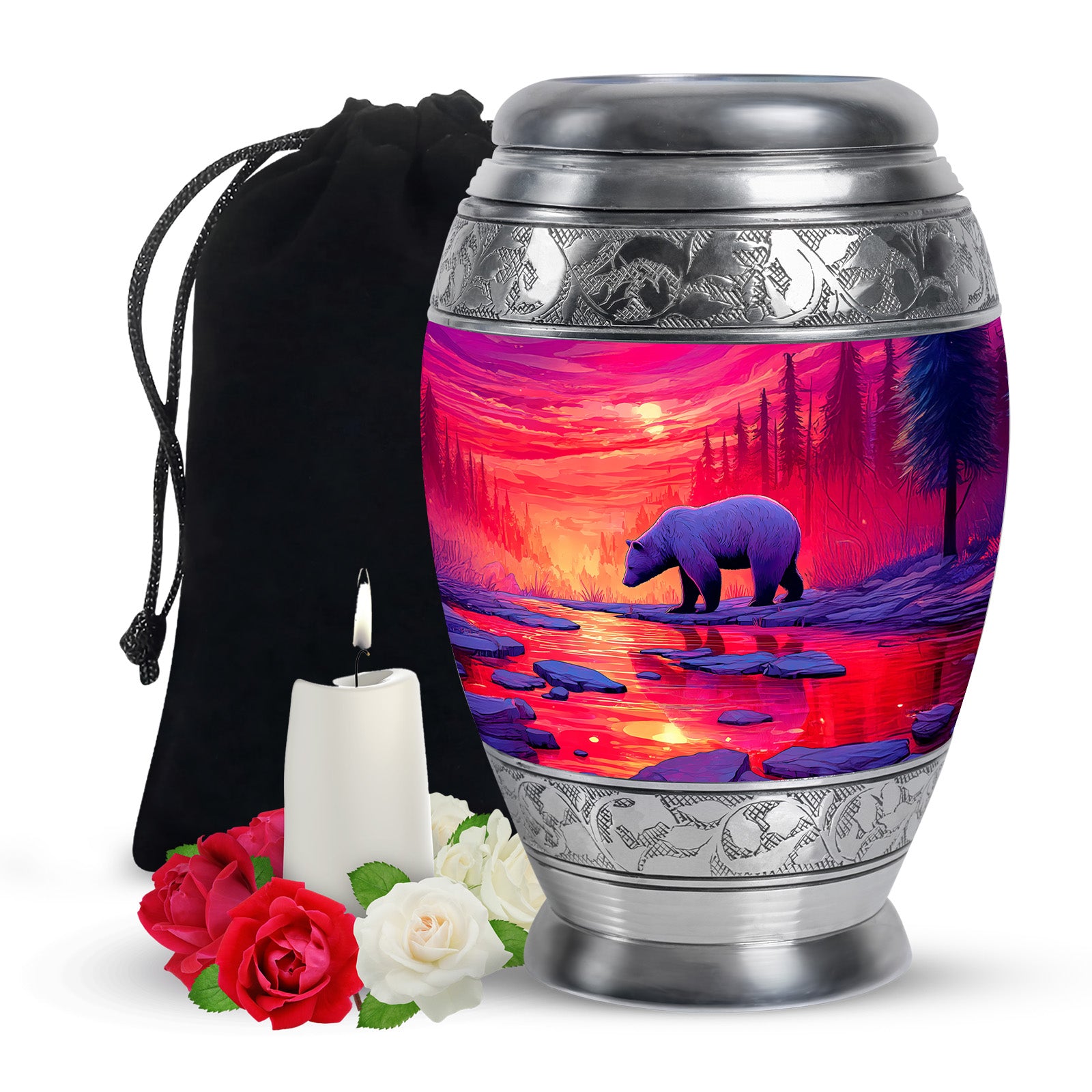 Soft Pink Bear Cremation Urn back view with polished surface - royal bear engraving with decorative scrollwork - full-size 10 inch 200 cubic inch adult cremation urn