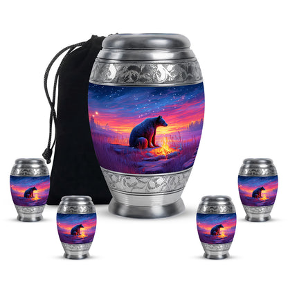 Calming Blue Bear Cremation Urn detail view - royal bear engraving with decorative scrollwork - memorial set with one large and four small urns