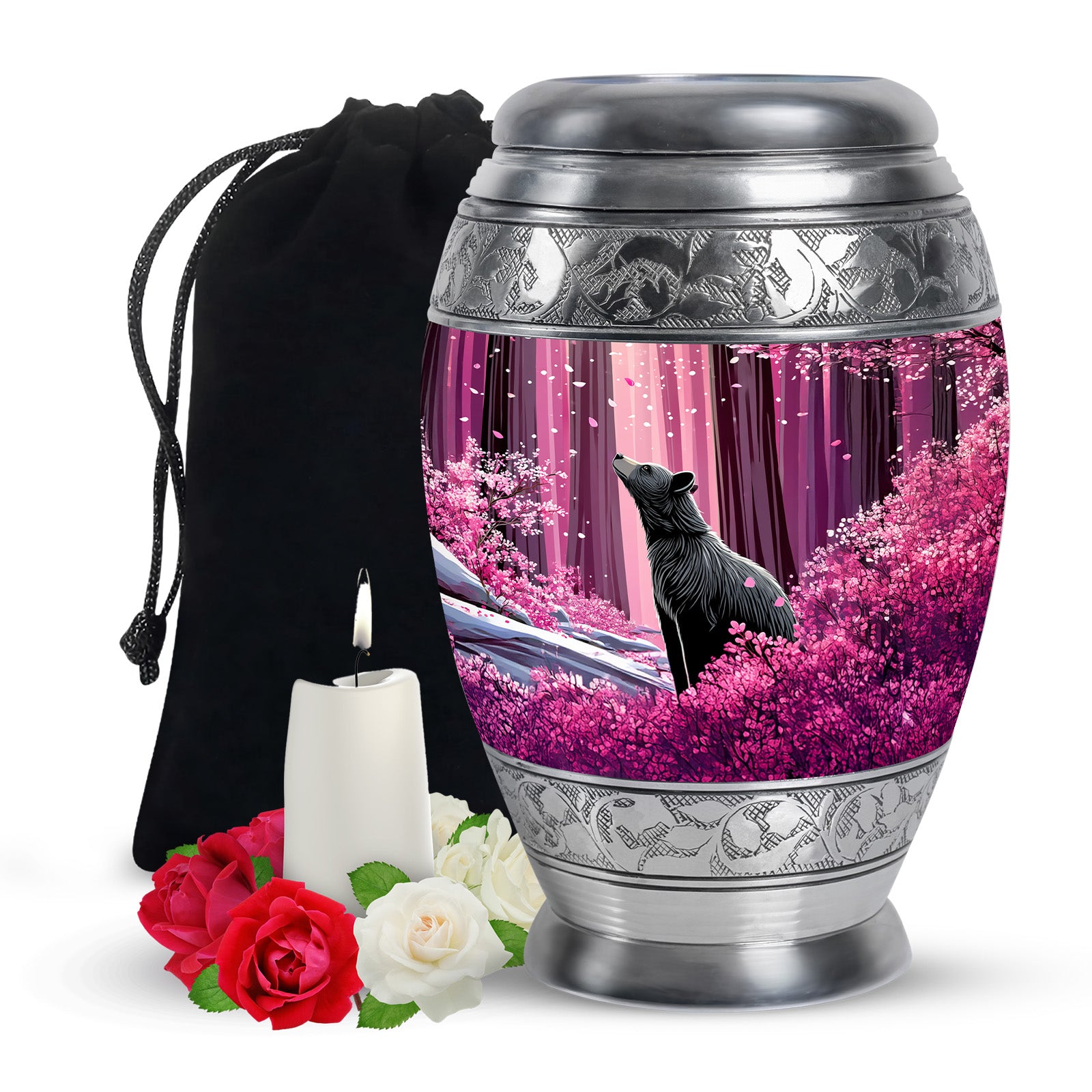 Salmon Pink Bear Cremation Urn back view with polished surface - royal bear engraving with decorative scrollwork - full-size 10 inch 200 cubic inch adult cremation urn