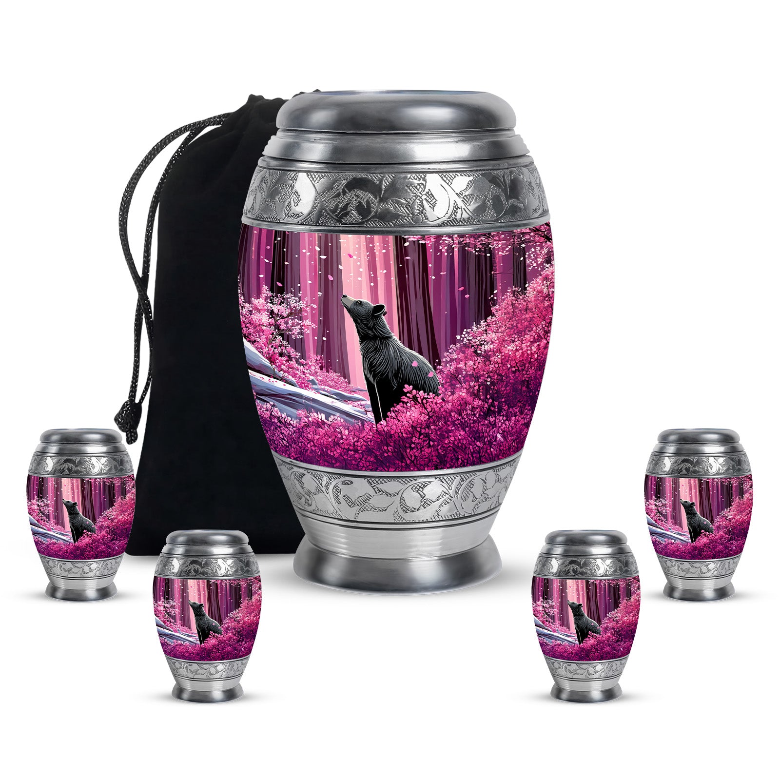 Vintage Pink Bear Cremation Urn detail view - royal bear engraving with decorative scrollwork - memorial set with one large and four small urns
