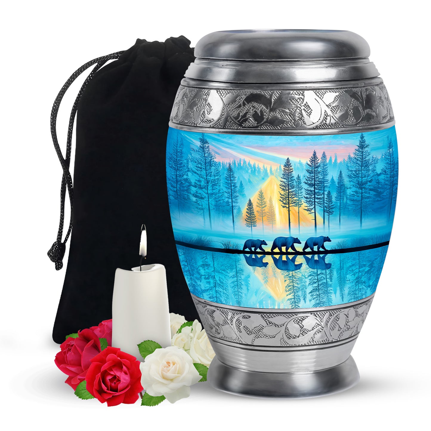 Deep Teal Bear Cremation Urn back view with polished surface - royal bear engraving with decorative scrollwork - full-size 10 inch 200 cubic inch adult cremation urn