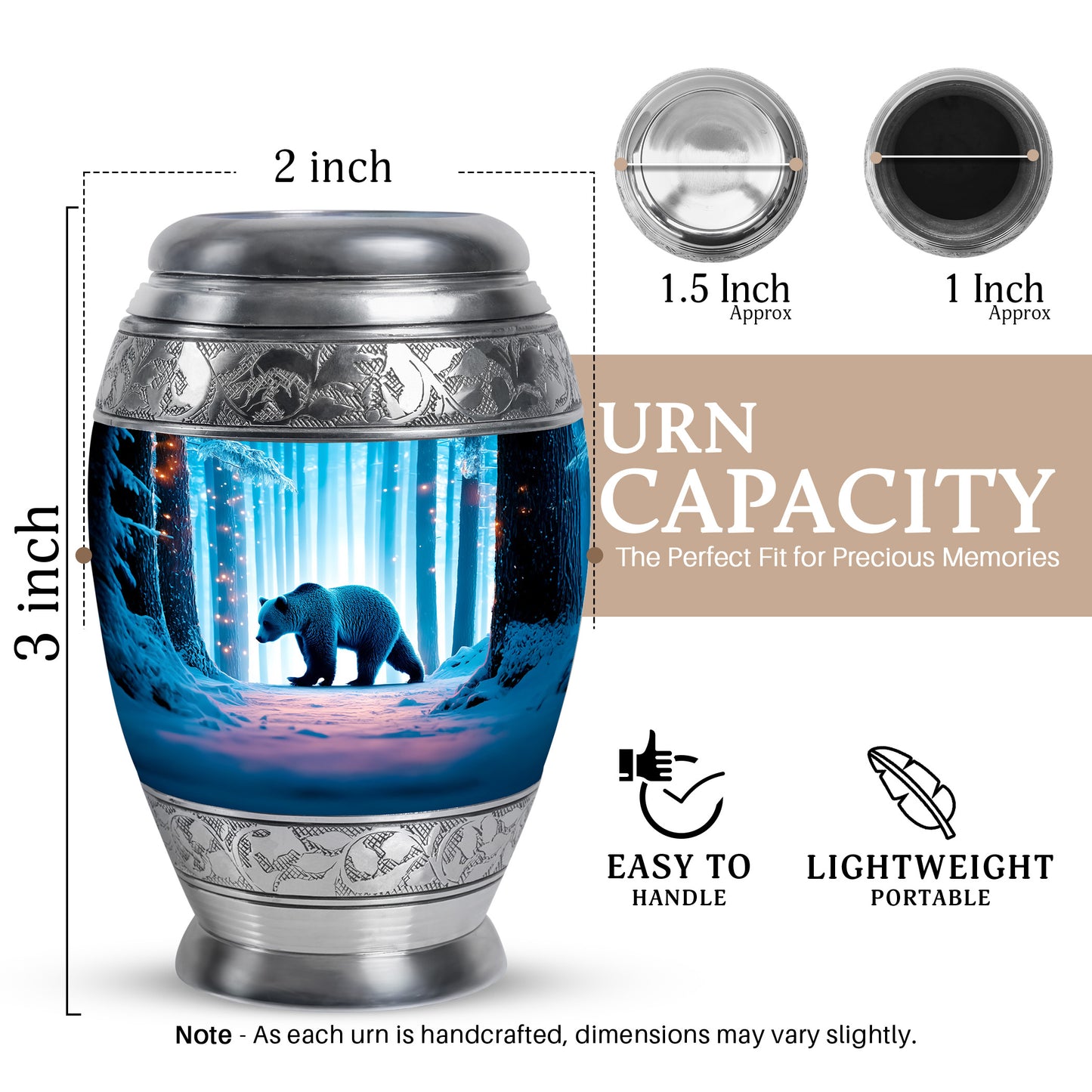 Mystic Teal Bear Cremation Urn lifestyle display on memorial shelf - royal bear engraving with decorative scrollwork - mini keepsake memorial for portion of cremation ashes