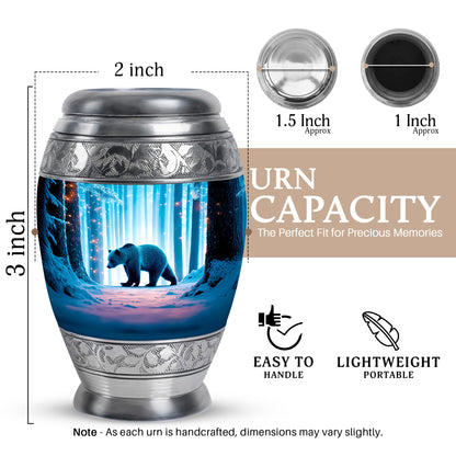 Mystic Teal Bear Cremation Urn lifestyle display on memorial shelf - royal bear engraving with decorative scrollwork - mini keepsake memorial for portion of cremation ashes