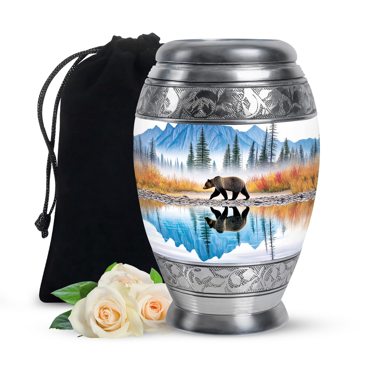 Steel Blue Bear Cremation Urn back view with polished surface - royal bear engraving with decorative scrollwork - full-size 10 inch 200 cubic inch adult cremation urn