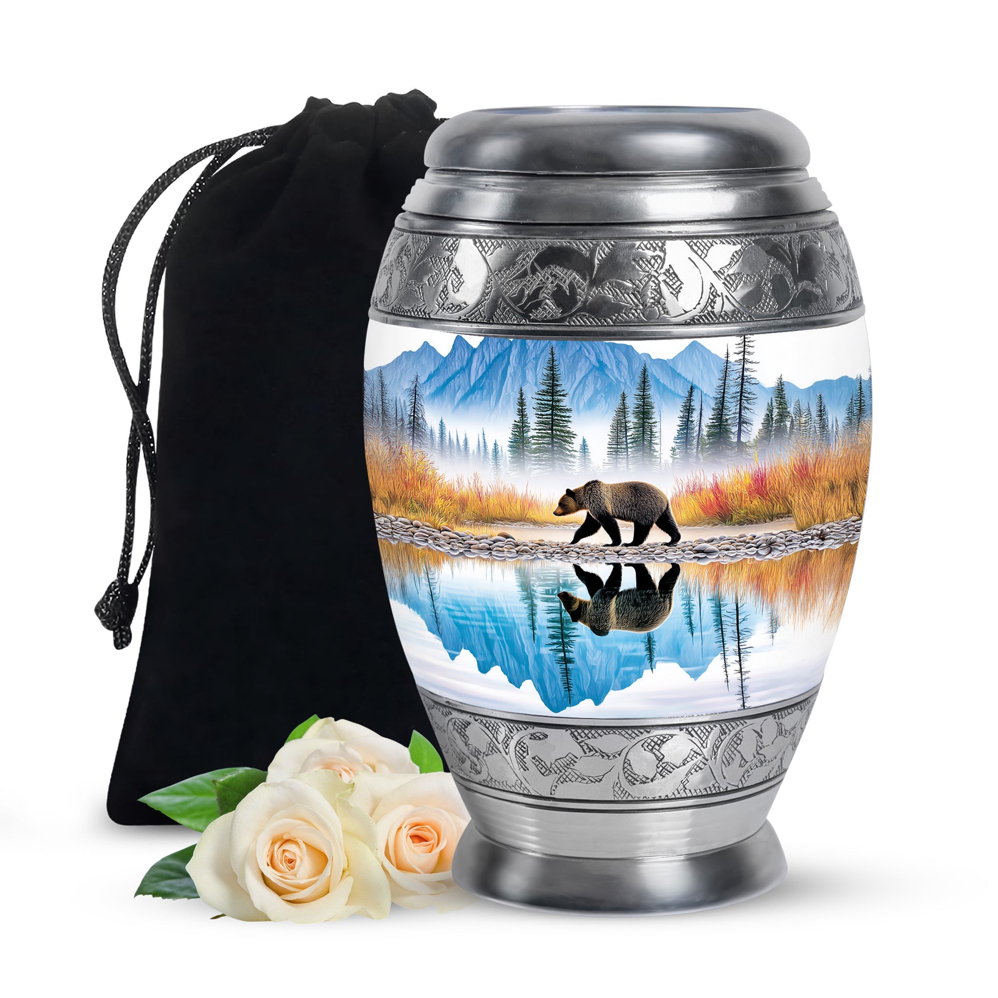 Steel Blue Bear Cremation Urn back view with polished surface - royal bear engraving with decorative scrollwork - full-size 10 inch 200 cubic inch adult cremation urn