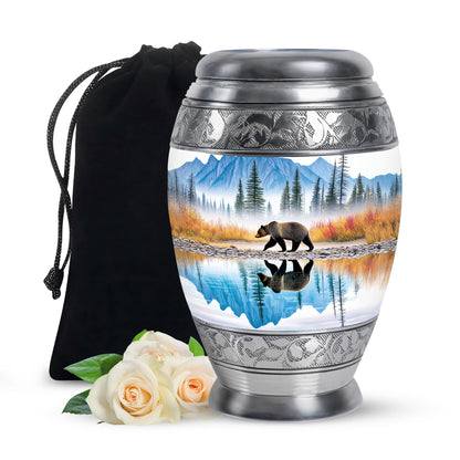 Steel Blue Bear Cremation Urn back view with polished surface - royal bear engraving with decorative scrollwork - full-size 10 inch 200 cubic inch adult cremation urn