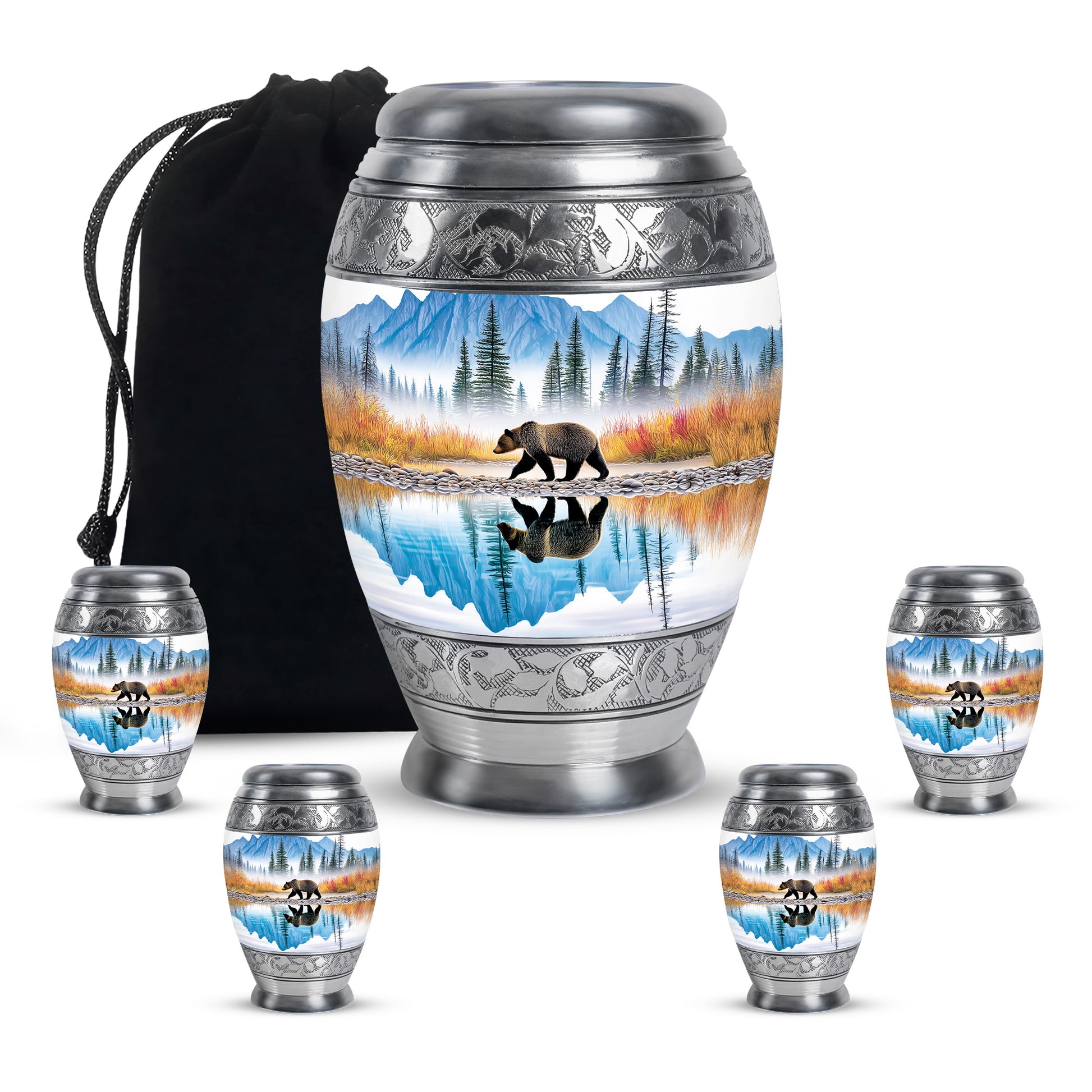 Icy Blue Bear Cremation Urn detail view - regal bear design with crown-inspired accents - memorial set with one large and four small urns