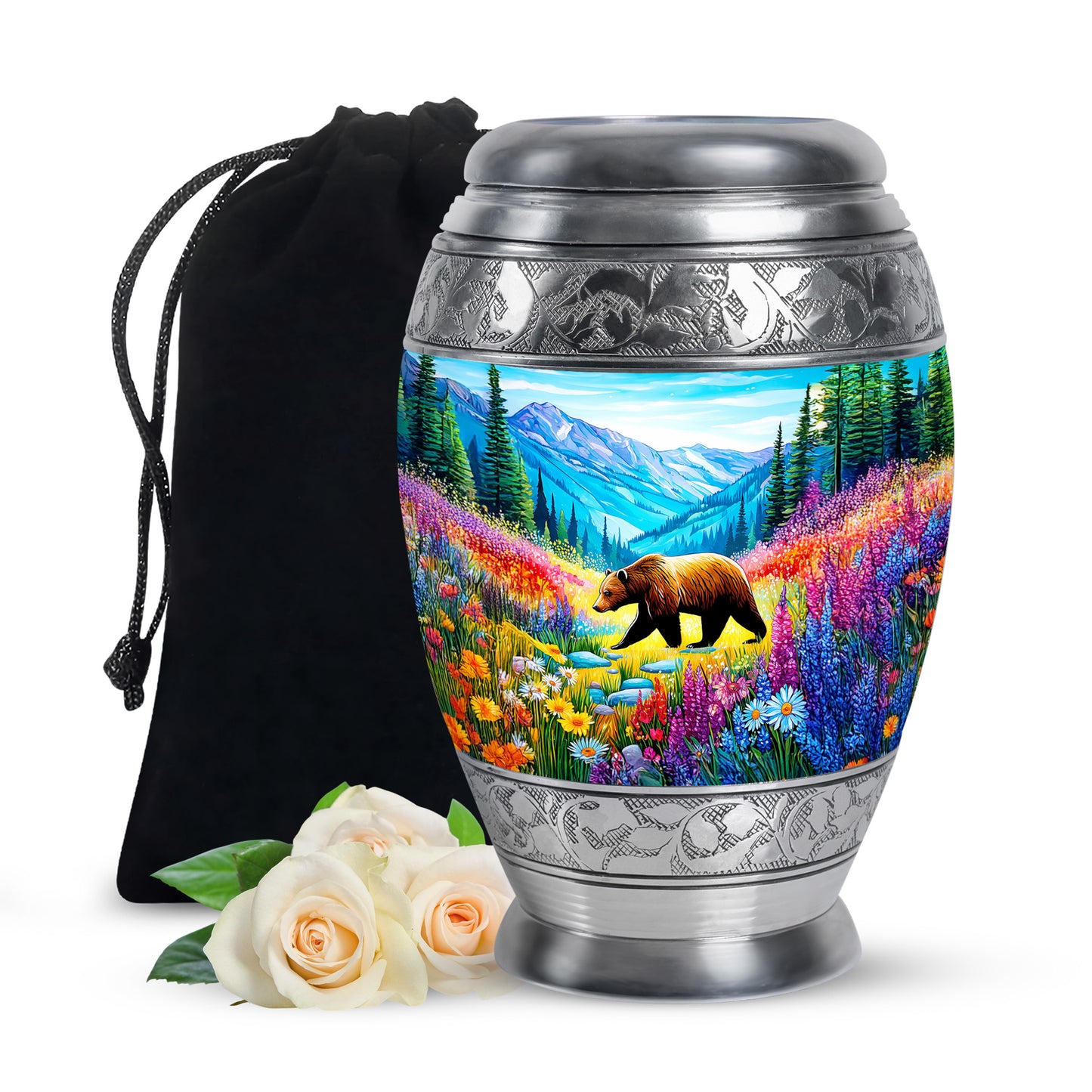 Cool Teal Bear Cremation Urn back view with polished surface - ornate monarch-style bear relief on brushed aluminum - full-size 10 inch 200 cubic inch adult cremation urn