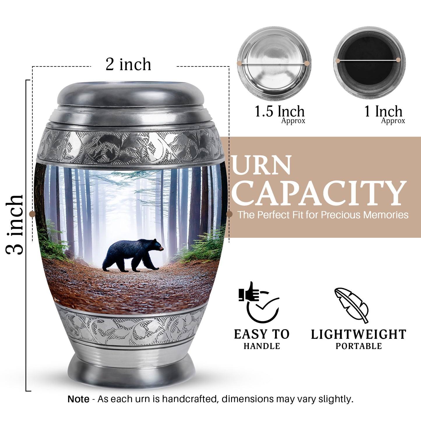Calming Blue Bear Cremation Urn lifestyle display on memorial shelf - majestic bear pattern with filigree border - mini keepsake memorial for portion of cremation ashes