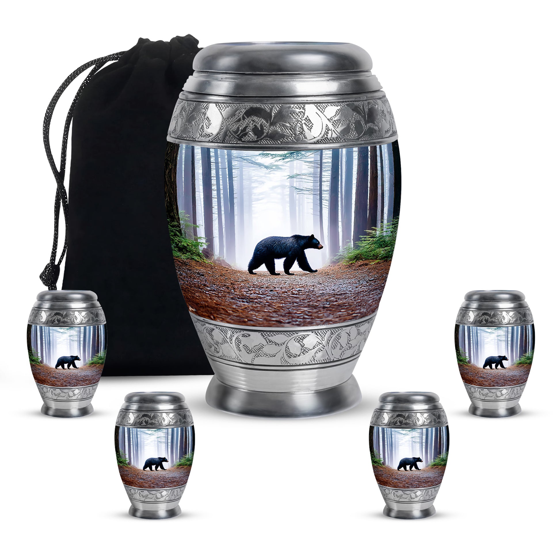 Powder Blue Bear Cremation Urn detail view - regal bear design with crown-inspired accents - memorial set with one large and four small urns