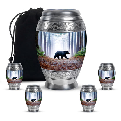 Powder Blue Bear Cremation Urn detail view - regal bear design with crown-inspired accents - memorial set with one large and four small urns