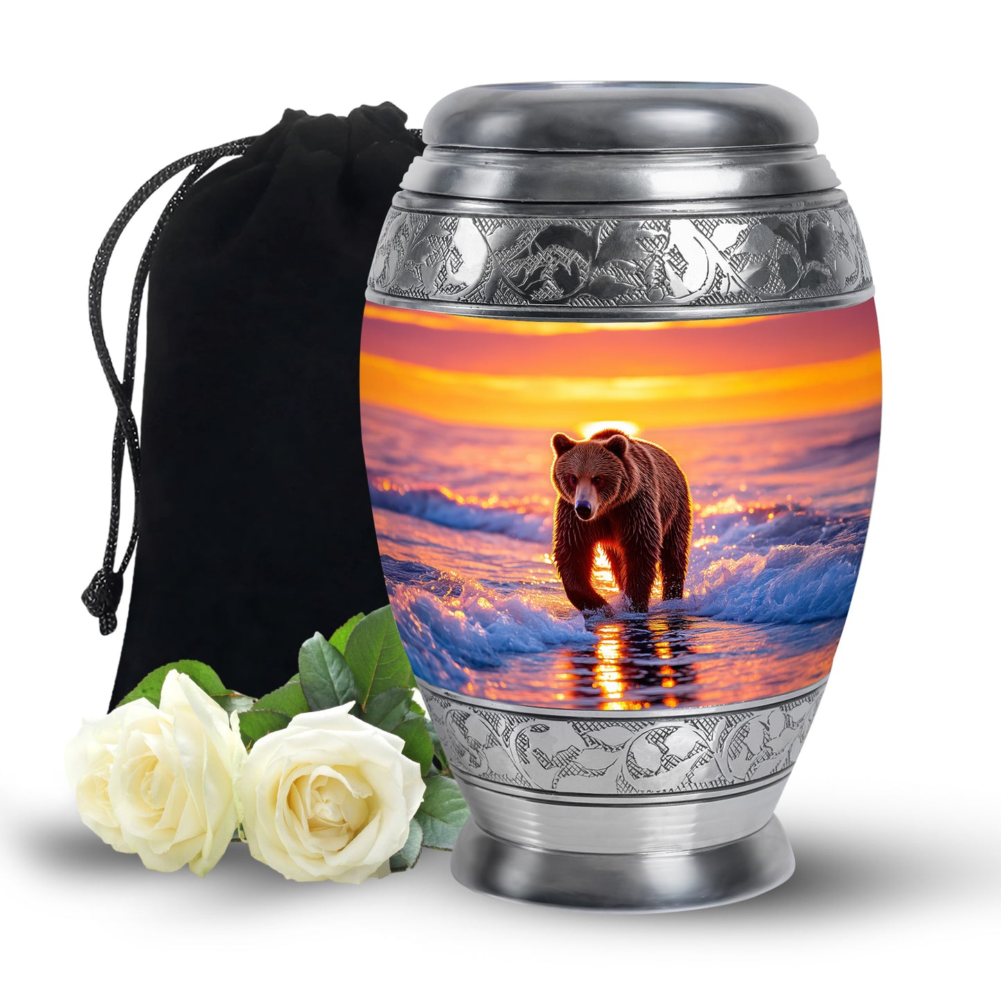 Scarlet Red Bear Cremation Urn back view with polished surface - royal bear engraving with decorative scrollwork - full-size 10 inch 200 cubic inch adult cremation urn