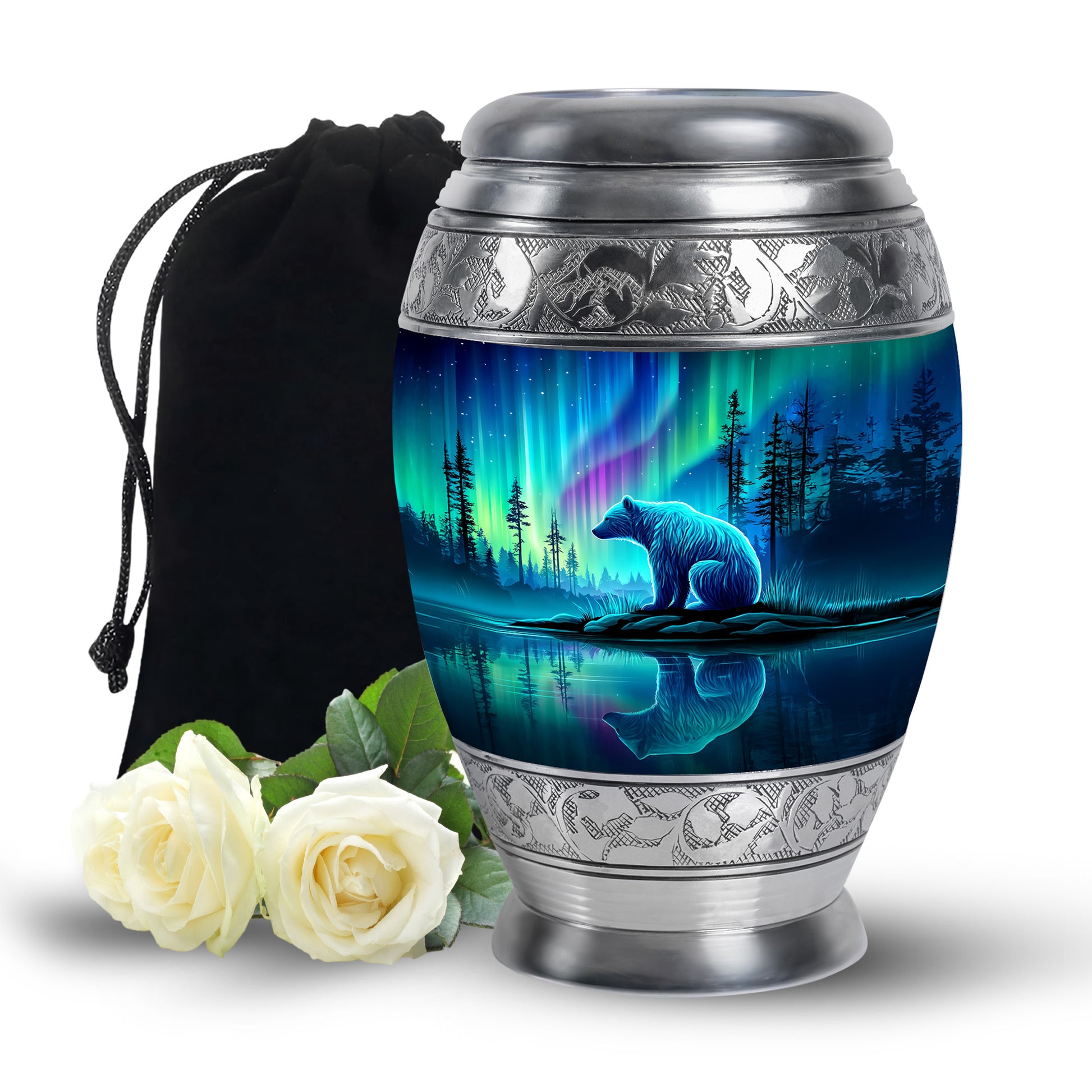 Calming Blue Bear Cremation Urn back view with polished surface - royal bear engraving with decorative scrollwork - full-size 10 inch 200 cubic inch adult cremation urn