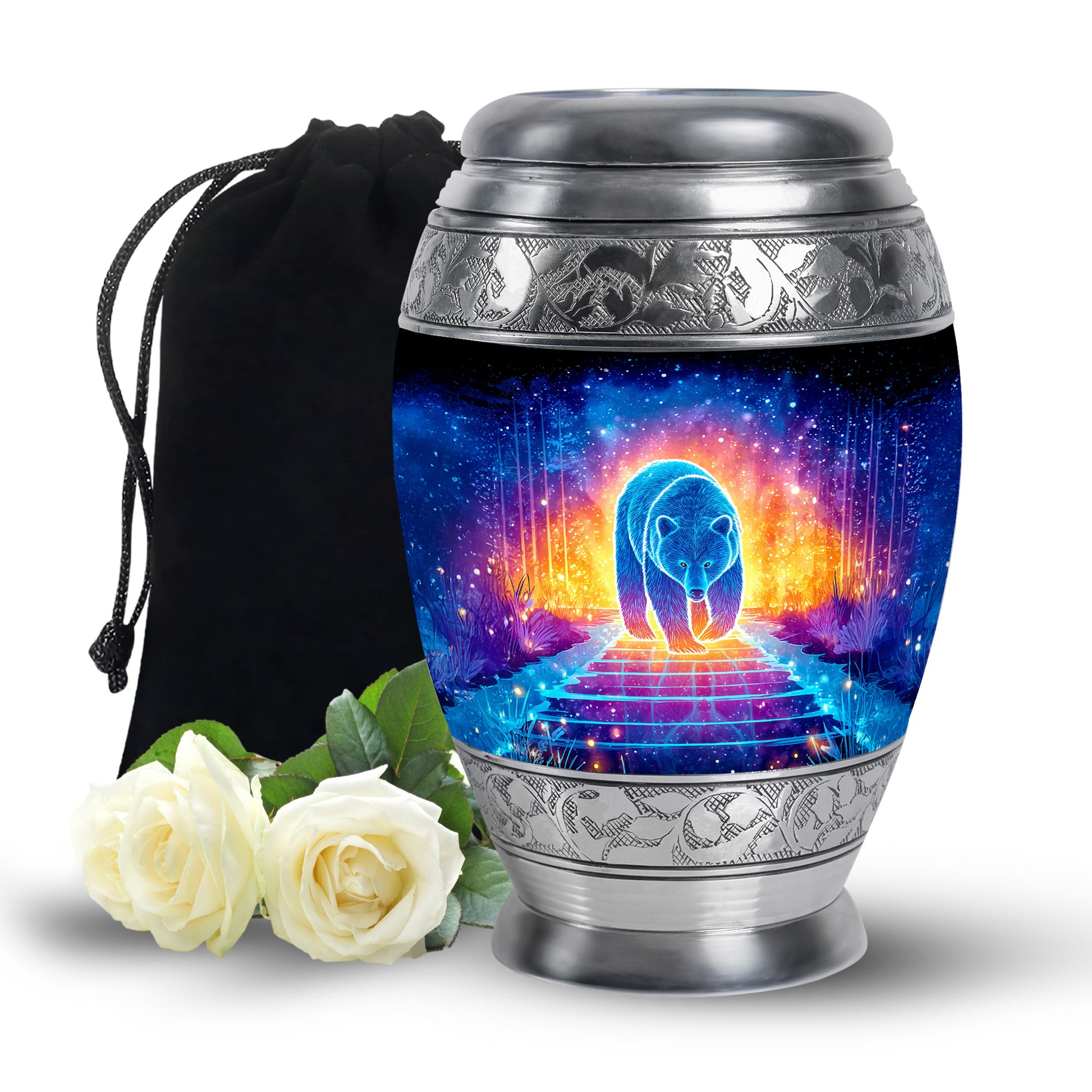 Midnight Black Bear Cremation Urn back view with polished surface - royal bear engraving with decorative scrollwork - full-size 10 inch 200 cubic inch adult cremation urn