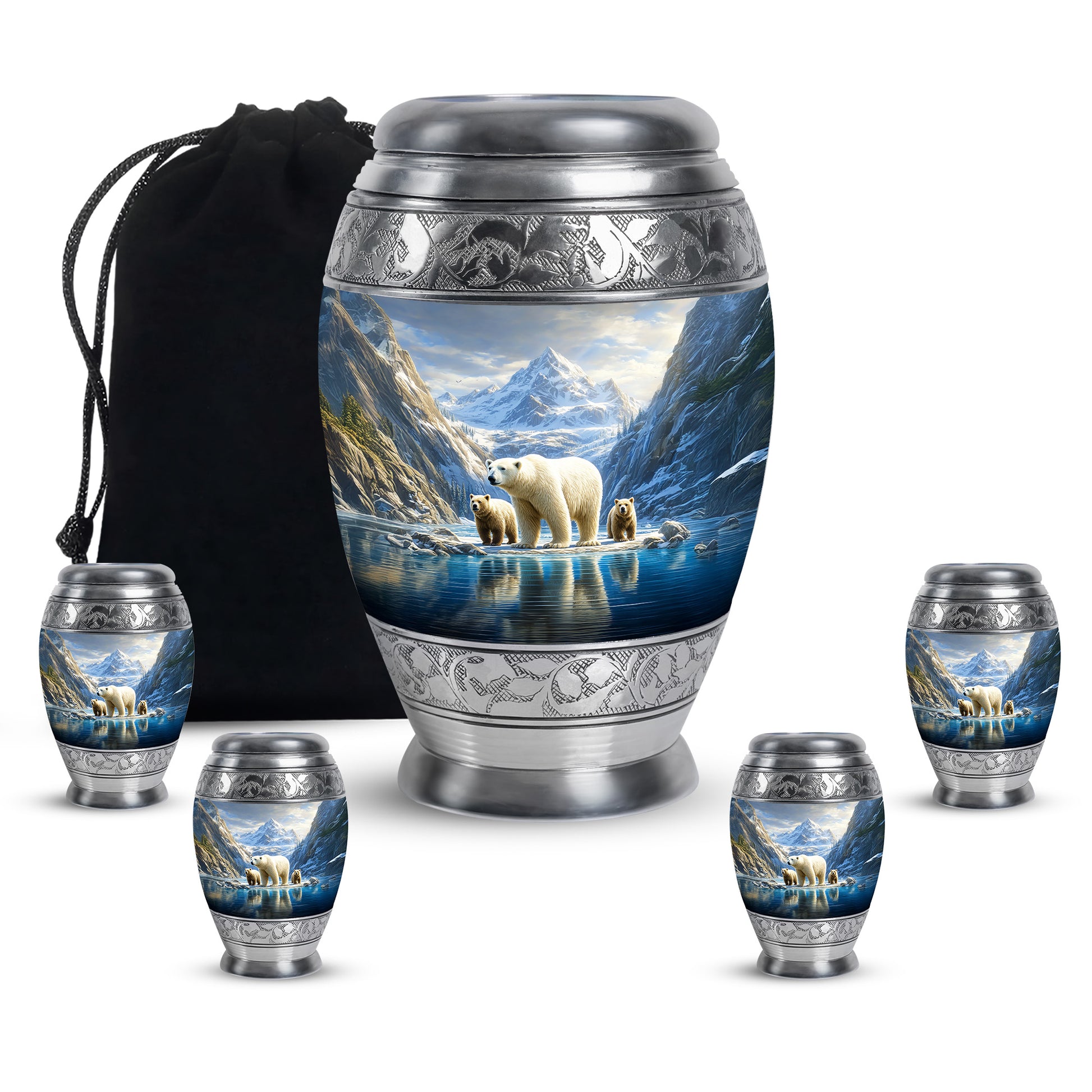 Soft Blue Bear Cremation Urn detail view - majestic bear pattern with filigree border - memorial set with one large and four small urns