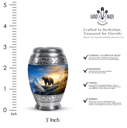 Bright Blue Bear Cremation Urn lifestyle display on memorial shelf - majestic bear pattern with filigree border - mini keepsake memorial for portion of cremation ashes