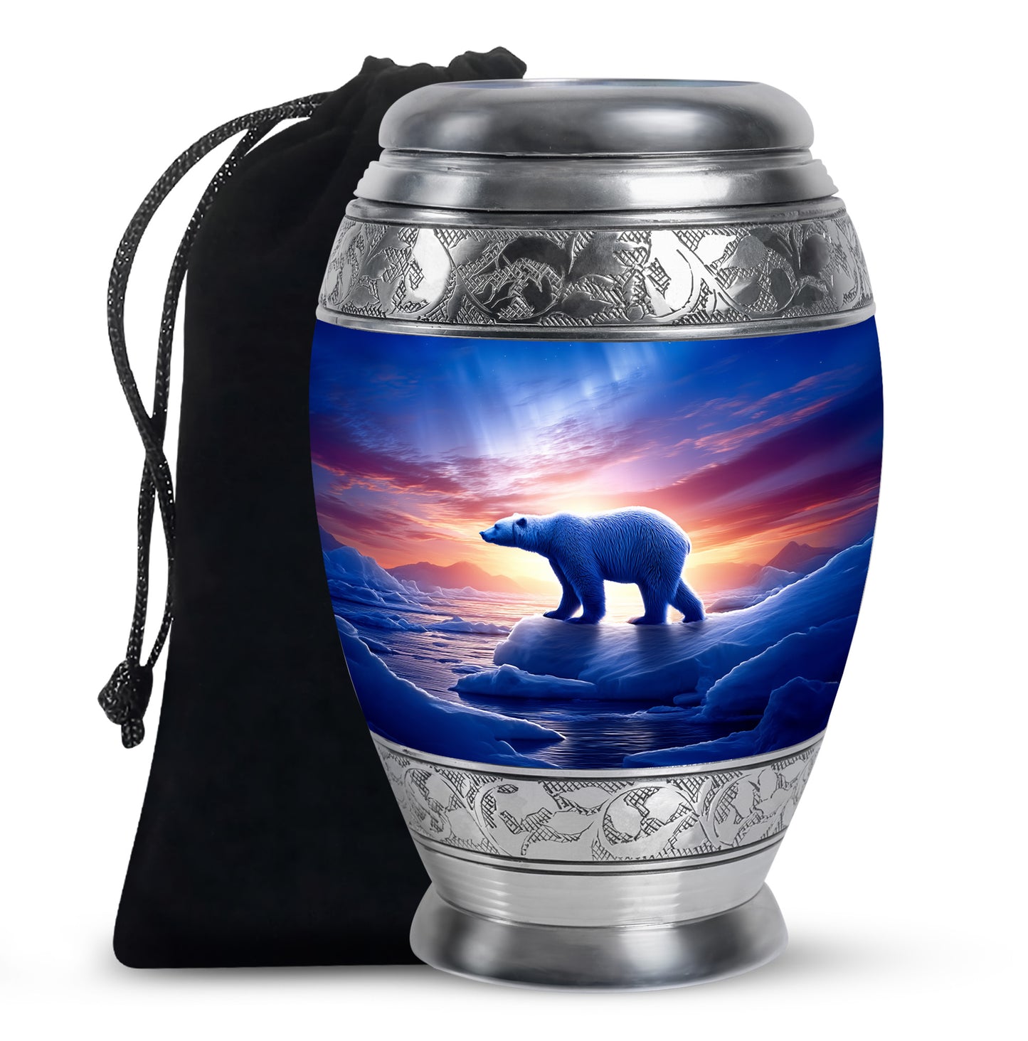 Celestial Blue Bear Cremation Urn back view with polished surface - ornate monarch-style bear relief on brushed aluminum - full-size 10 inch 200 cubic inch adult cremation urn