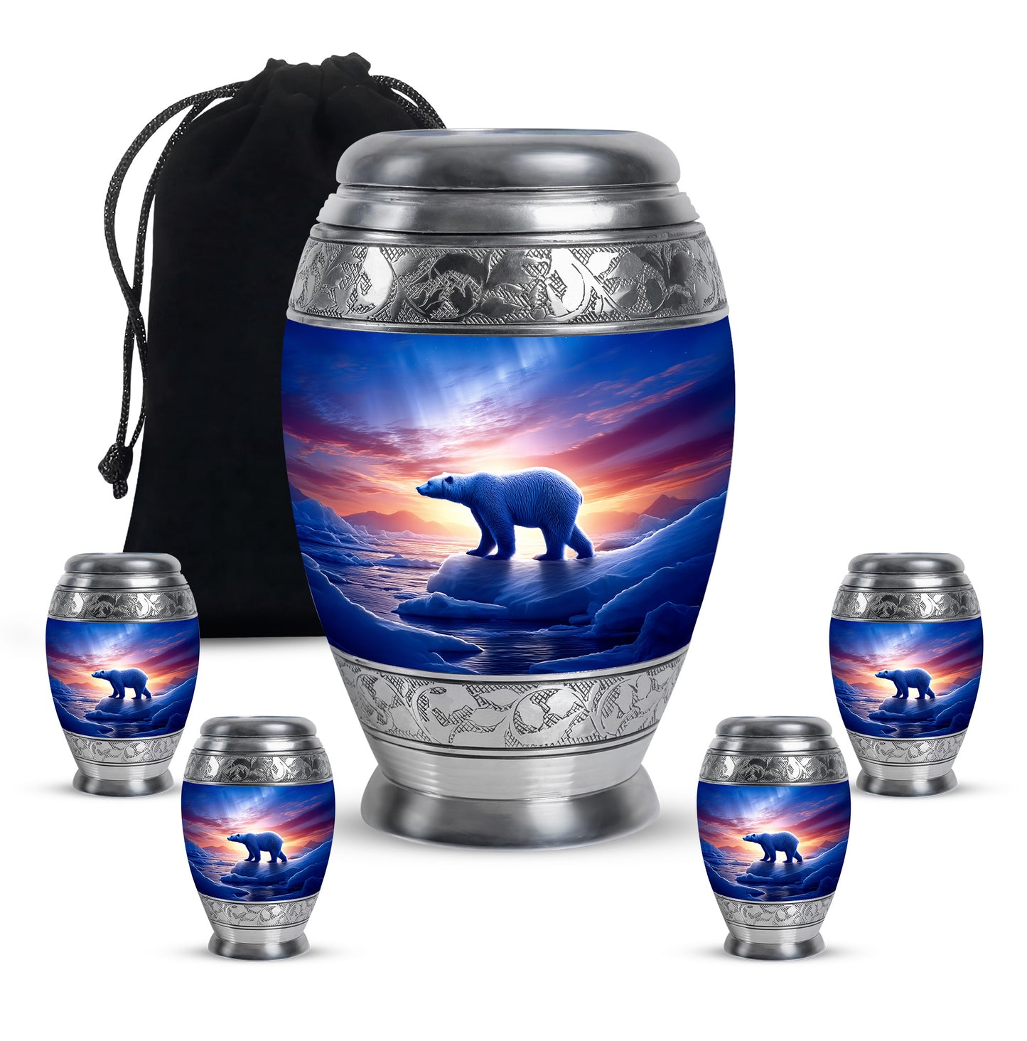 Cobalt Blue Bear Cremation Urn detail view - majestic bear pattern with filigree border - memorial set with one large and four small urns