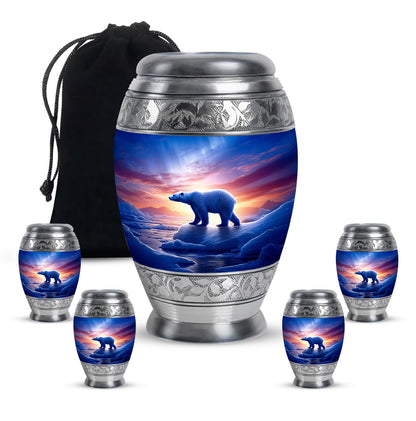 Cobalt Blue Bear Cremation Urn detail view - majestic bear pattern with filigree border - memorial set with one large and four small urns