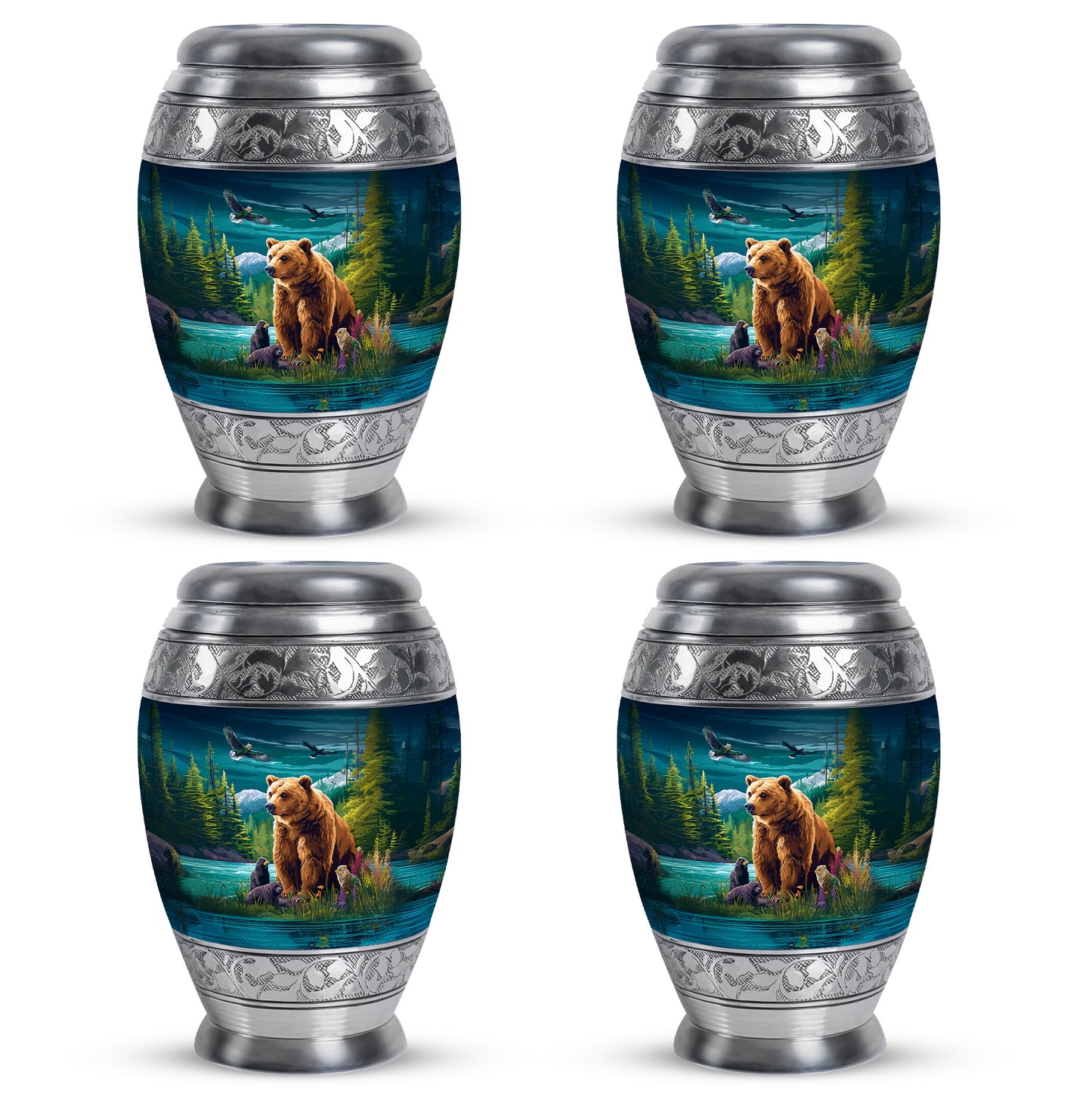 Aqua Teal Bear Cremation Urn urn with complimentary velvet bag - royal bear engraving with decorative scrollwork - 10 inch aluminum urn for cremated remains