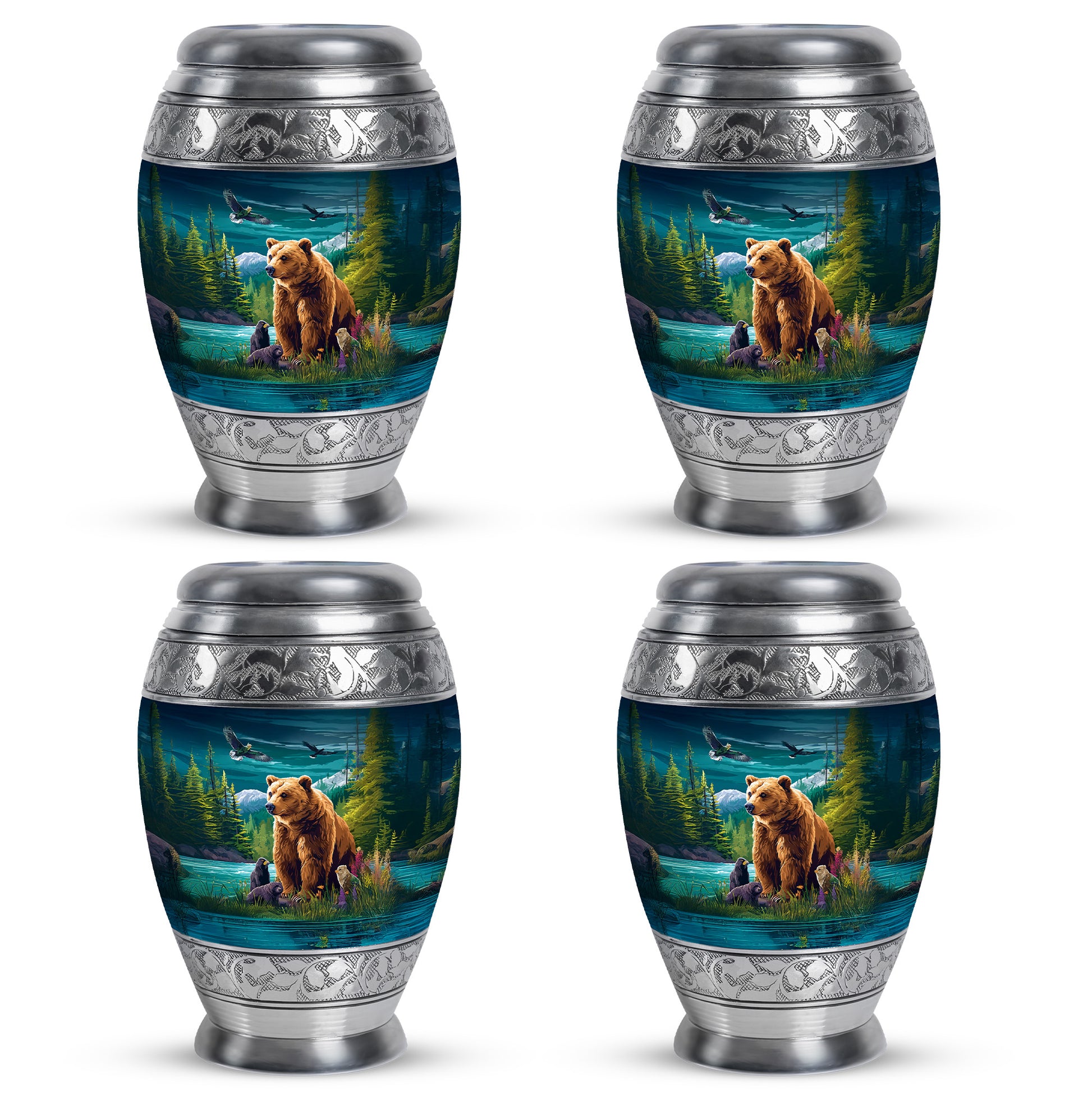 Aqua Teal Bear Cremation Urn urn with complimentary velvet bag - royal bear engraving with decorative scrollwork - 10 inch aluminum urn for cremated remains