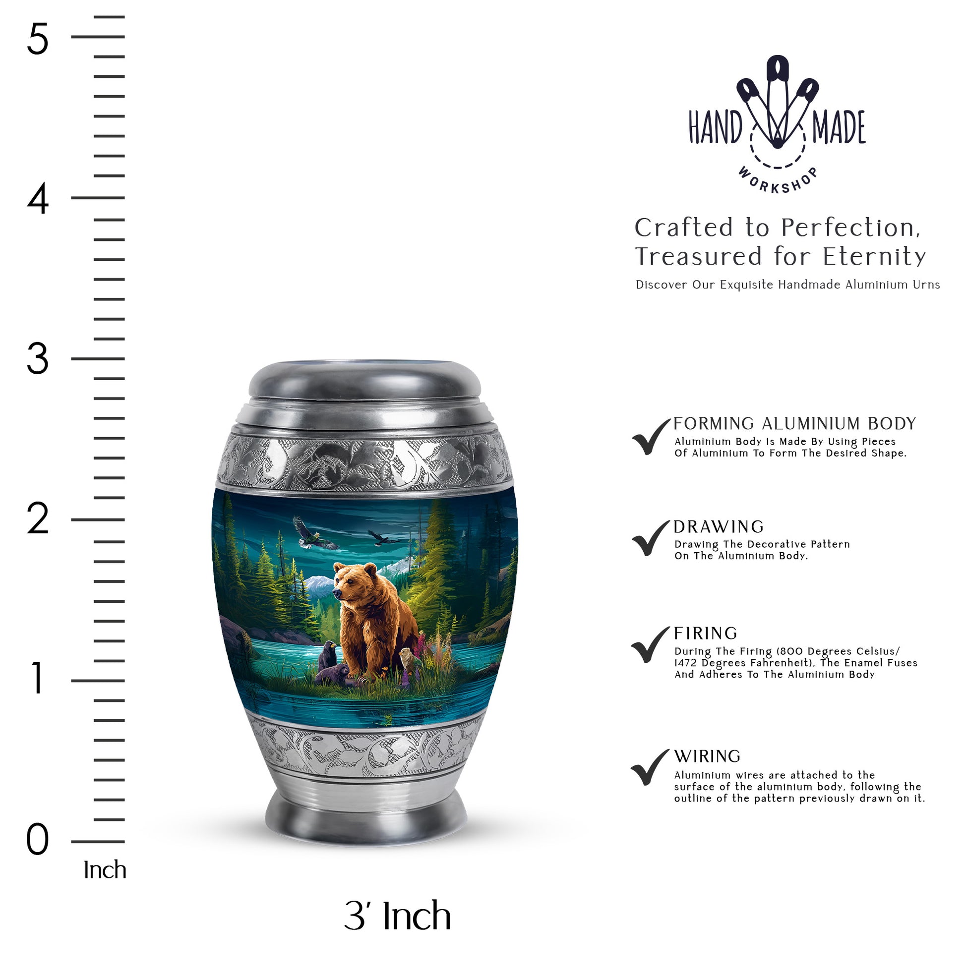 Soft Teal Bear Cremation Urn lifestyle display on memorial shelf - regal bear design with crown-inspired accents - mini keepsake memorial for portion of cremation ashes