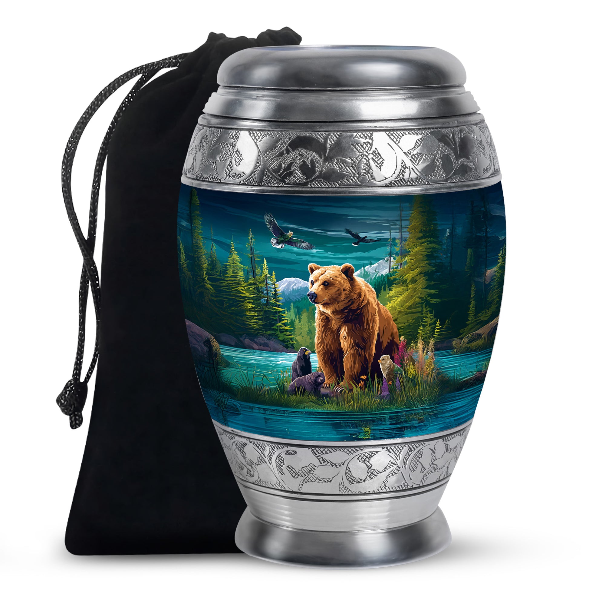 Soft Teal Bear Cremation Urn back view with polished surface - regal bear design with crown-inspired accents - full-size 10 inch 200 cubic inch adult cremation urn