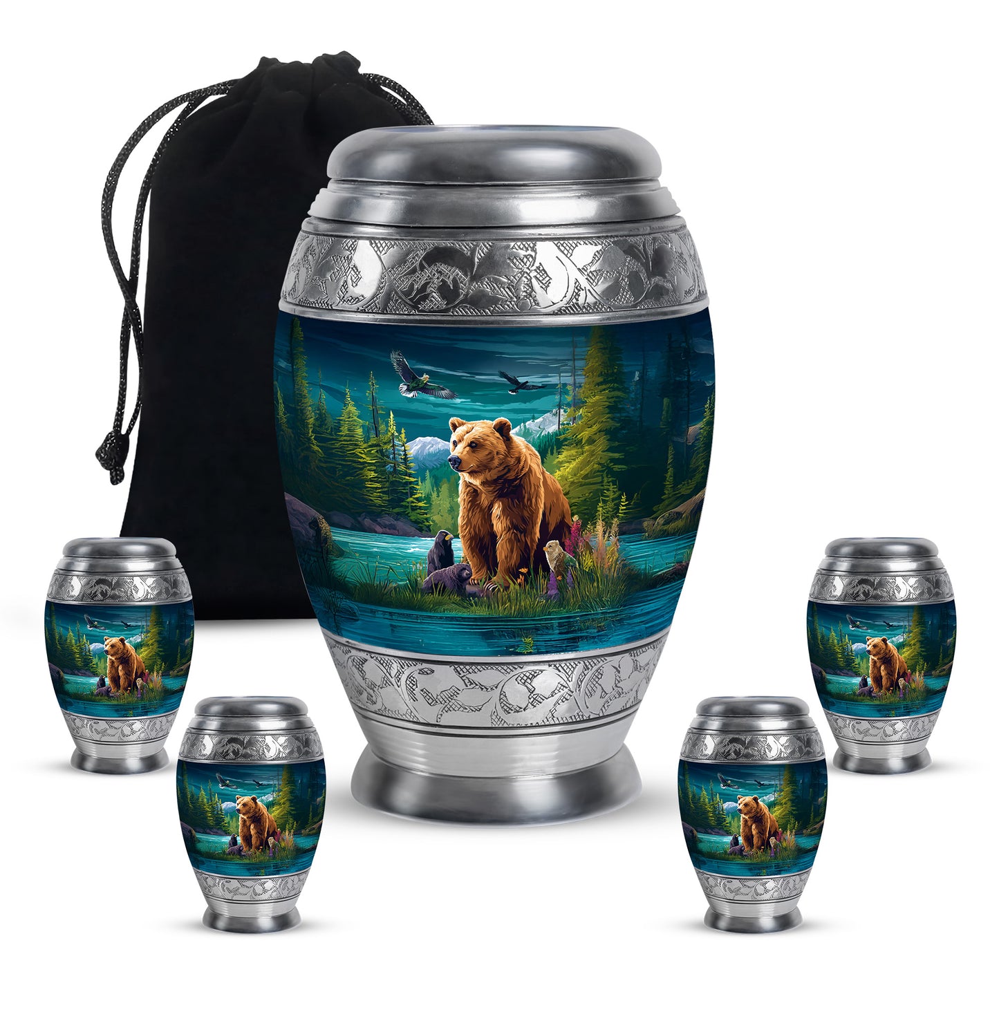 Aqua Teal Bear Cremation Urn detail view - royal bear engraving with decorative scrollwork - memorial set with one large and four small urns