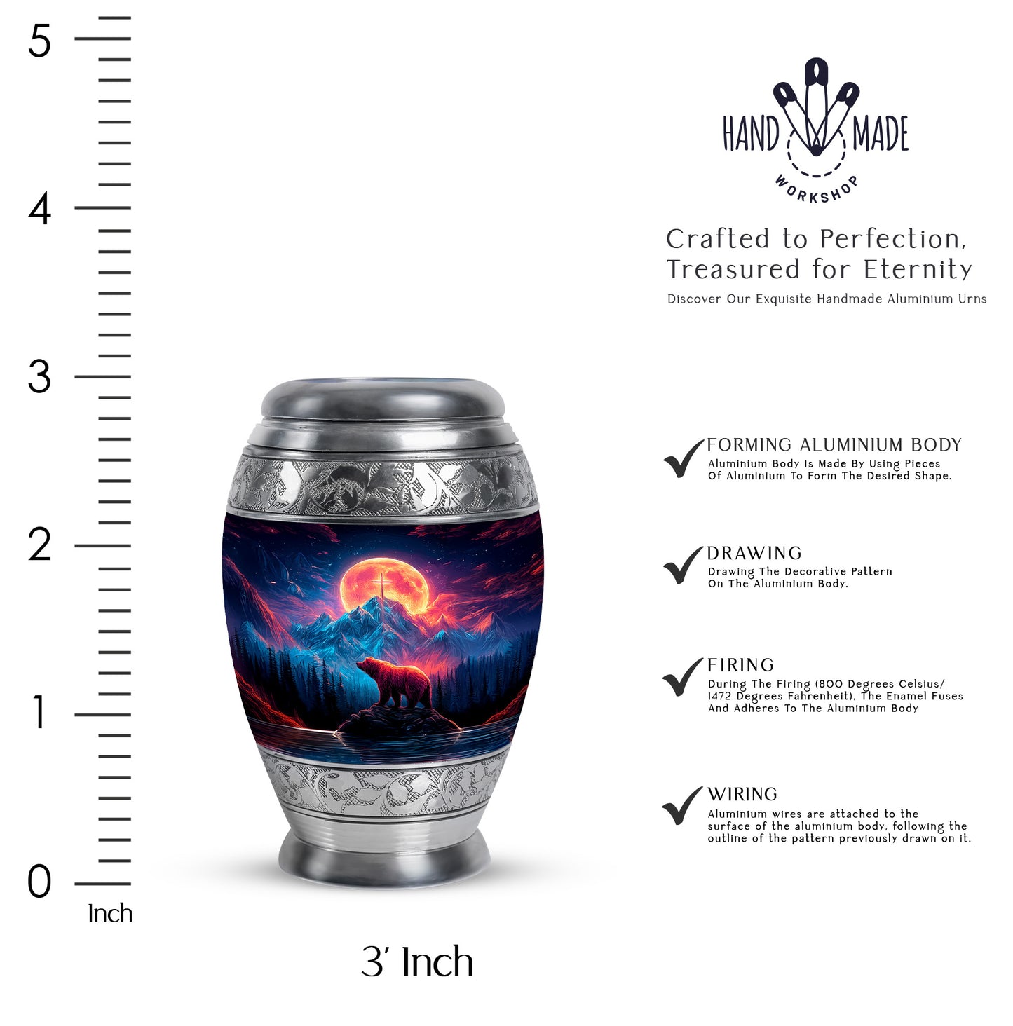 Cobalt Blue Bear Cremation Urn lifestyle display on memorial shelf - royal bear engraving with decorative scrollwork - mini keepsake memorial for portion of cremation ashes