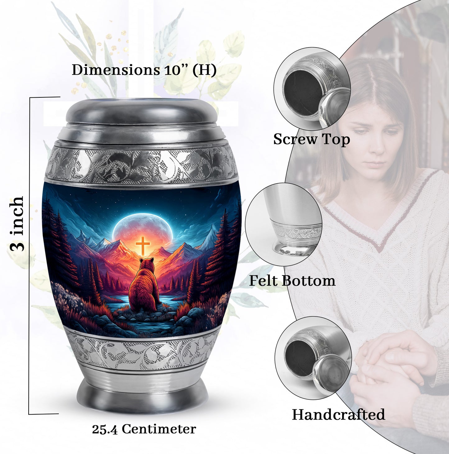Vivid Blue Bear Cremation Urn lifestyle display on memorial shelf - majestic bear pattern with filigree border - mini keepsake memorial for portion of cremation ashes