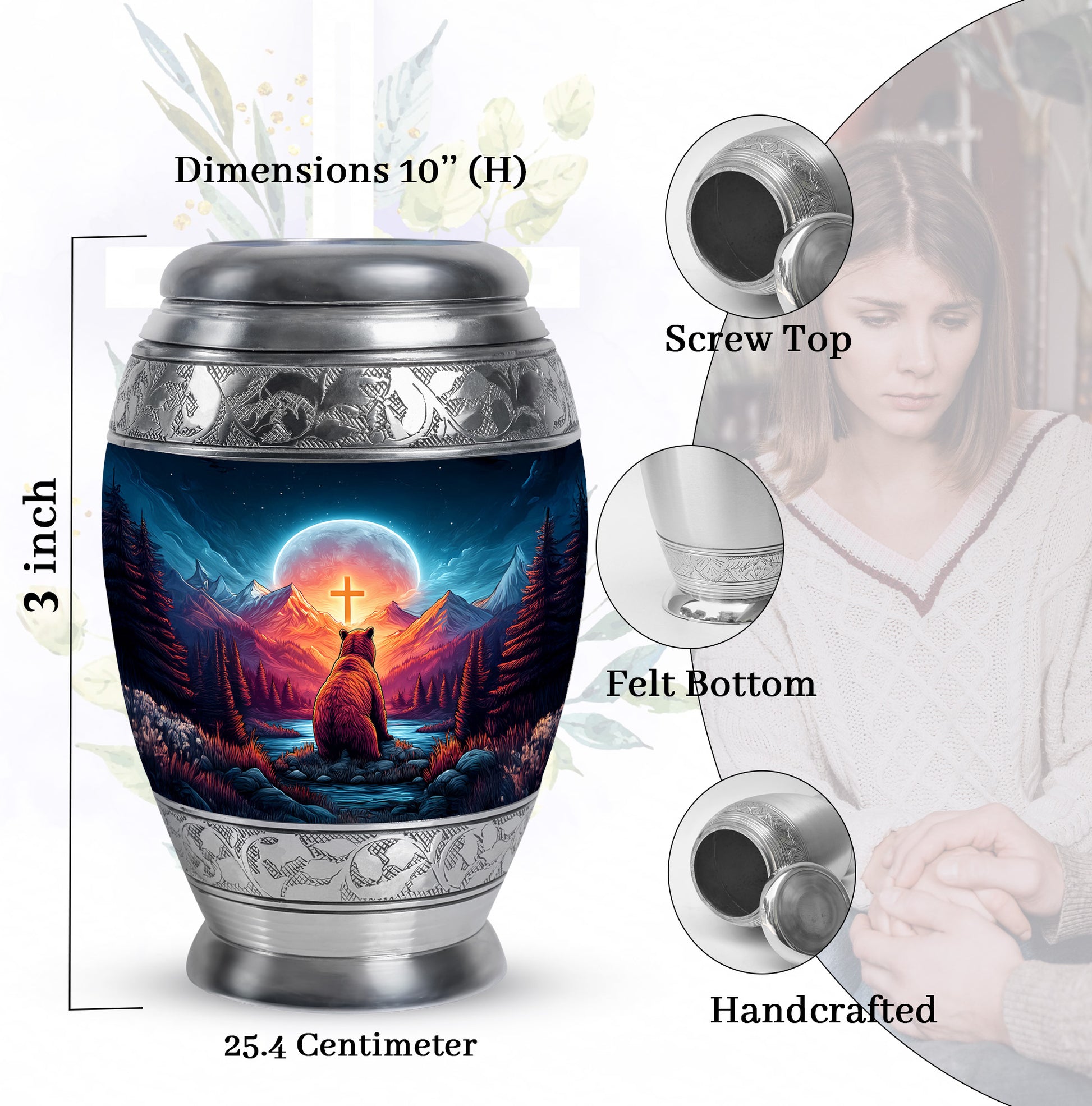 Vivid Blue Bear Cremation Urn lifestyle display on memorial shelf - majestic bear pattern with filigree border - mini keepsake memorial for portion of cremation ashes