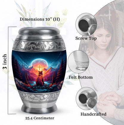 Vivid Blue Bear Cremation Urn lifestyle display on memorial shelf - majestic bear pattern with filigree border - mini keepsake memorial for portion of cremation ashes