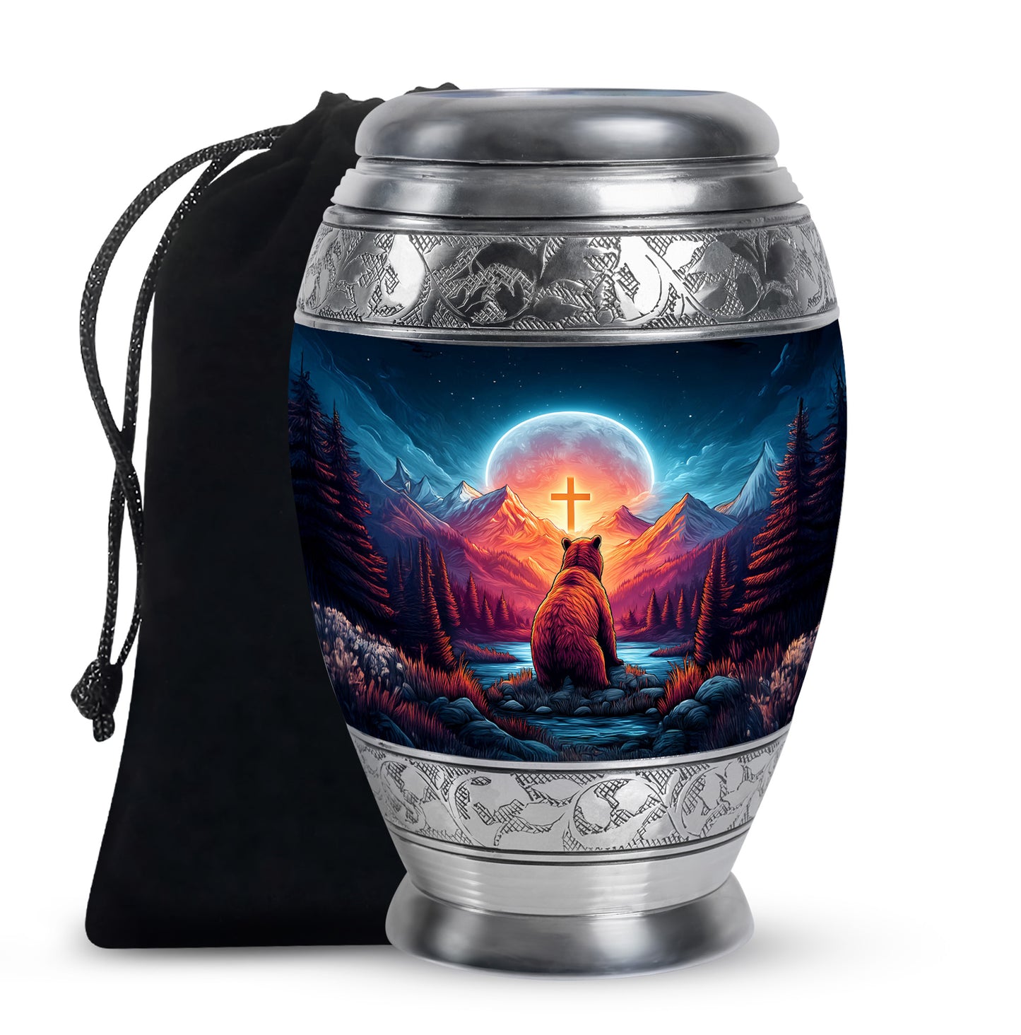 Twilight Blue Bear Cremation Urn back view with polished surface - royal bear engraving with decorative scrollwork - full-size 10 inch 200 cubic inch adult cremation urn