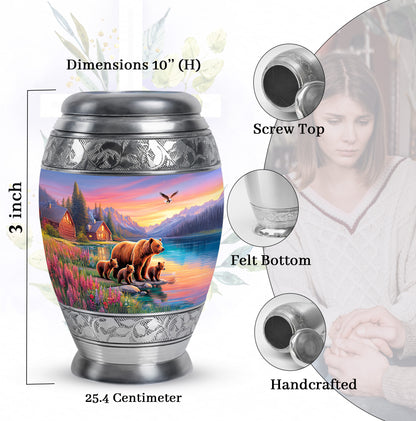 Indigo Bear Cremation Urn lifestyle display on memorial shelf - ornate monarch-style bear relief on brushed aluminum - mini keepsake memorial for portion of cremation ashes