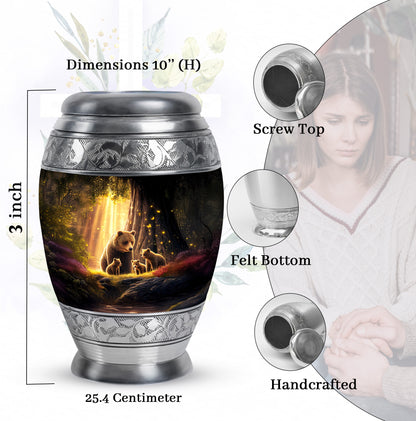 Jet Black Bear Cremation Urn lifestyle display on memorial shelf - ornate monarch-style bear relief on brushed aluminum - mini keepsake memorial for portion of cremation ashes