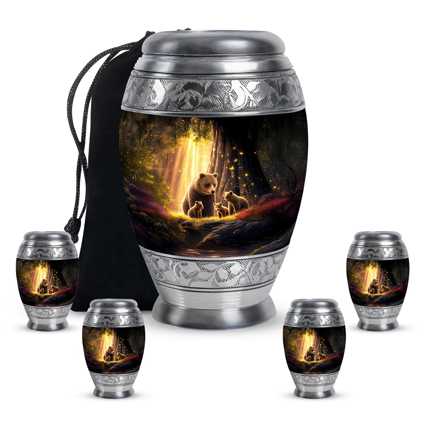 Rich Black Bear Cremation Urn detail view - regal bear design with crown-inspired accents - memorial set with one large and four small urns