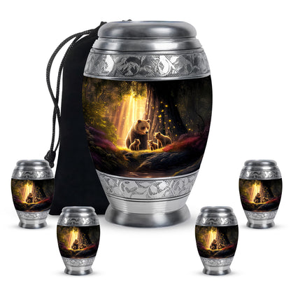 Rich Black Bear Cremation Urn detail view - regal bear design with crown-inspired accents - memorial set with one large and four small urns