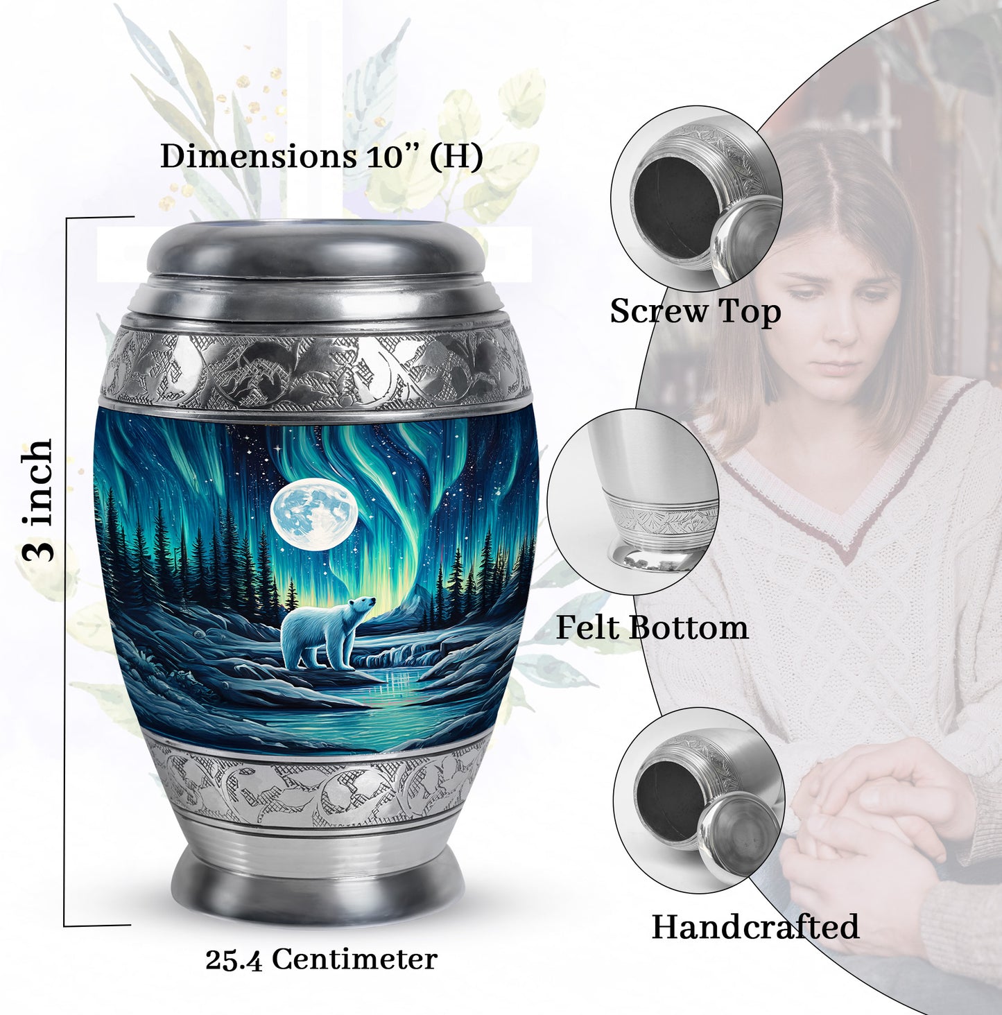 Cornflower Blue Bear Cremation Urn lifestyle display on memorial shelf - royal bear engraving with decorative scrollwork - mini keepsake memorial for portion of cremation ashes