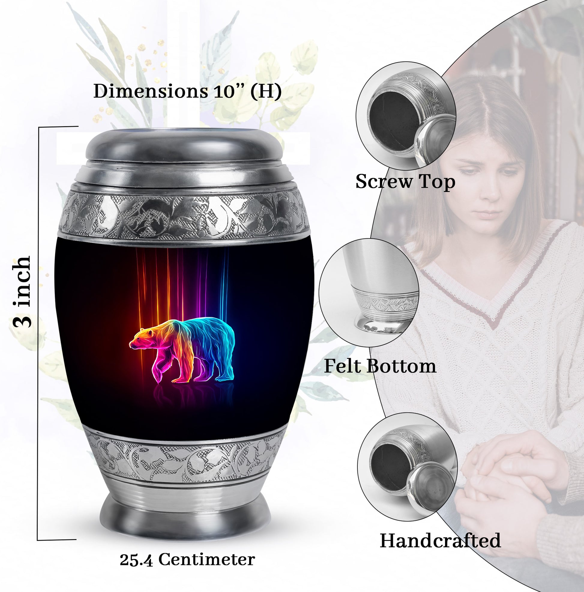Rich Black Bear Cremation Urn lifestyle display on memorial shelf - ornate monarch-style bear relief on brushed aluminum - mini keepsake memorial for portion of cremation ashes