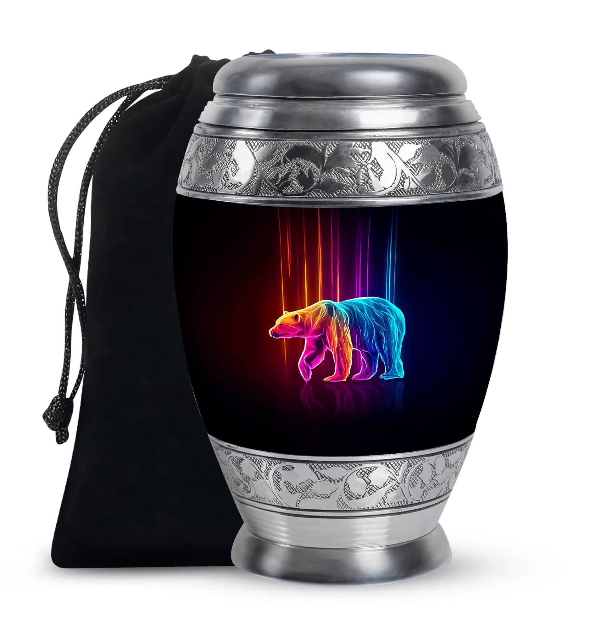 Rich Black Bear Cremation Urn back view with polished surface - ornate monarch-style bear relief on brushed aluminum - full-size 10 inch 200 cubic inch adult cremation urn